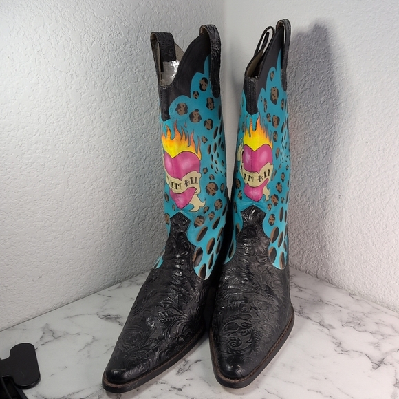 Rare Vintage Via Blue Via Hand Painted Leather Texas Cowgirl Boots Size 11M - Picture 2 of 9